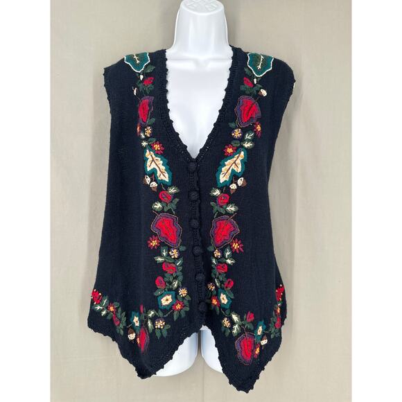 Vintage Jackets & Blazers - 90s Vintage Sweater Vest Womens XL Navy Blue Floral Cottage Cabin Embroidered